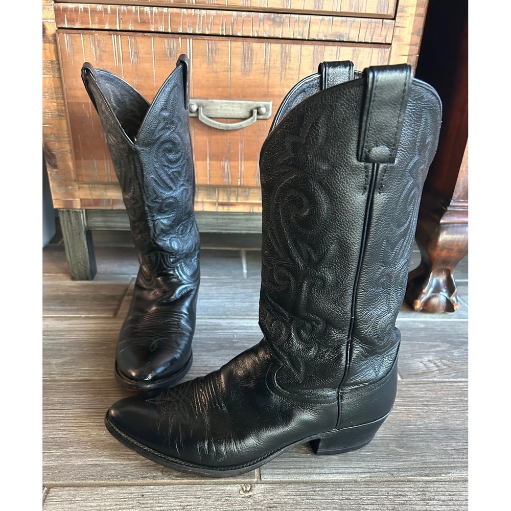 Justin Black Leather Western‎ Cowboy Boots Men's Size 10.5D Classic Pull-On